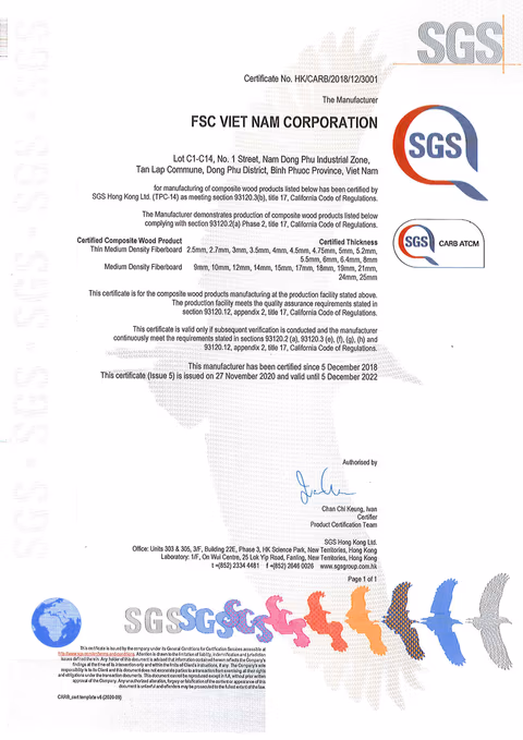 Chứng nhận CARB P2 do SGS Hong Kong cấp