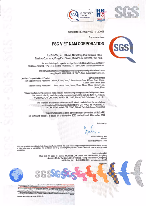 Chứng nhận EPA TSCA Title VI do SGS Hong Kong cấp