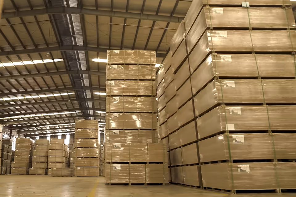 Kho ván của KES: các kiện ván bọc màng co xếp nằm ngang thành những chồng cao, mỗi kiện đặt trên thanh kê, các lớp kê thẳng hàng từ trên xuống.