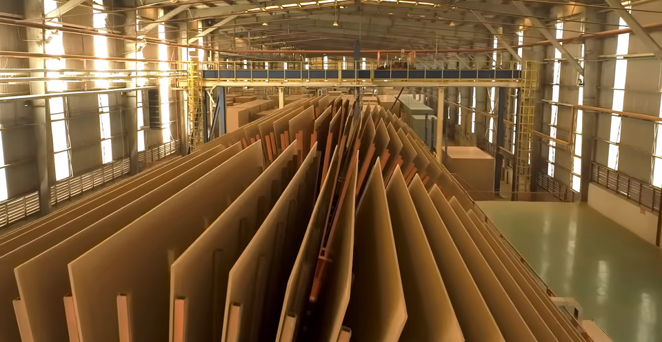Trong nhà xưởng, hàng chục tấm ván MDF thô dựng nghiêng xếp sát nhau thành dãy dài, mỗi tấm kẹp trên một thanh giá màu cam, dãy kéo xa về phía cuối xưởng.