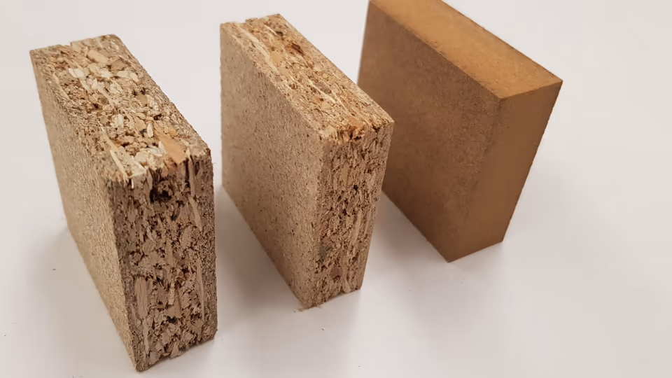 Ba mẫu thử vuông đặt trên bàn trắng. Hai mẫu ván dăm bên trái có cạnh lộ dăm gỗ thô, to và rỗ ở giữa chiều dày. Mẫu MDF bên phải có cạnh mịn, đều màu từ mặt này sang mặt kia.